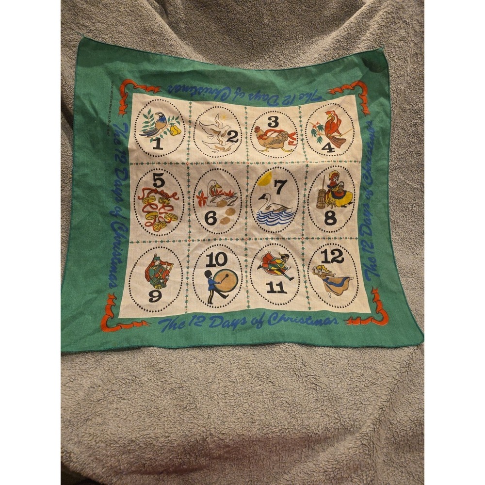 12 Days of Christmas Handkerchief Bandana Table Scarf USA Hank Vintage RN 15187
